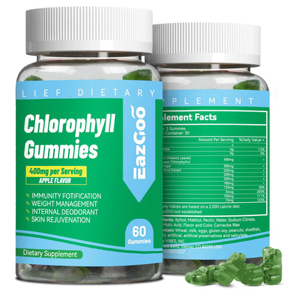 Sugar Free Chlorophyll Gummies Apple Cider Vinegar Vitamin B12 - Natural Deodorant*Supports Healthy Skin & Body Detox* Immune & Digestion Support Chewable Supplement - 60 Count - Premium Supplements