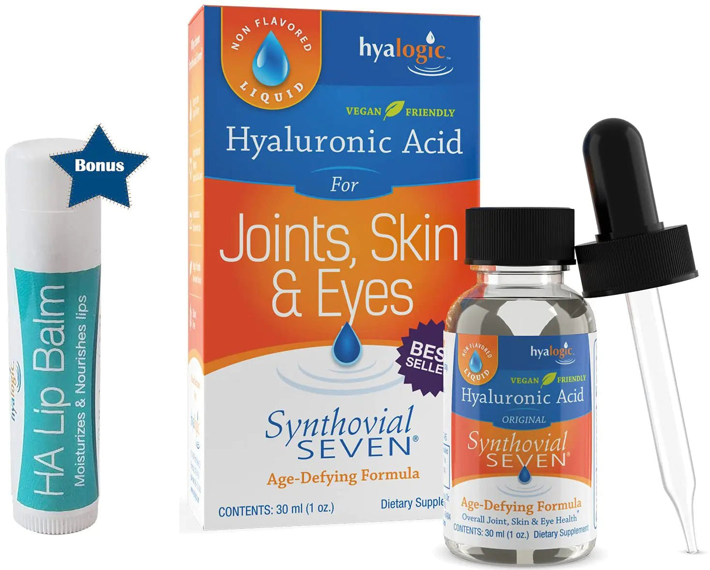 Hyalogic Liquid Synthovial Seven - Oral Hyaluronic Acid Supplement 1oz with Bonus Lip Balm HA Stick - Skin Body and Lip Hydration - Premium Supplements