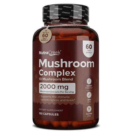 NutraCreek Mushroom Complex | Cordyceps Mushroom Reishi Shiitake Maitake and Lions Mane Supplement. A 10 - Mushroom Supplement to Support Your Mind and Body | 180 Mushroom Capsules - Premium Supplements