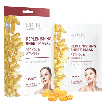 Skin Aesthetics Retinol & Vitamin E Sheet Face Mask - Repairs Skin Diminishes Fine Lines & Wrinkles Anti - Aging - Dermatologist Tested Korean Skincare - Clean Beauty Cruelty - Free - 5 Masks - Premium Supplements