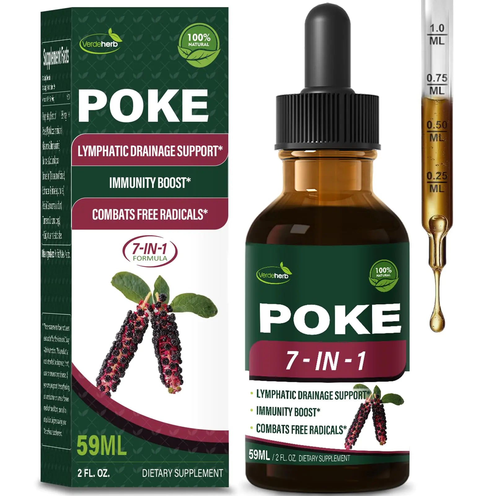 Verdeherb Poke Root Extract Drops for Lymphatic Drainage & Lymphedema Lymph System Support Supplement w/Cleavers Herb for Immune Support Dandelion & Turmeric for Body Detox Cleanse. 2 oz - Premium Supplements