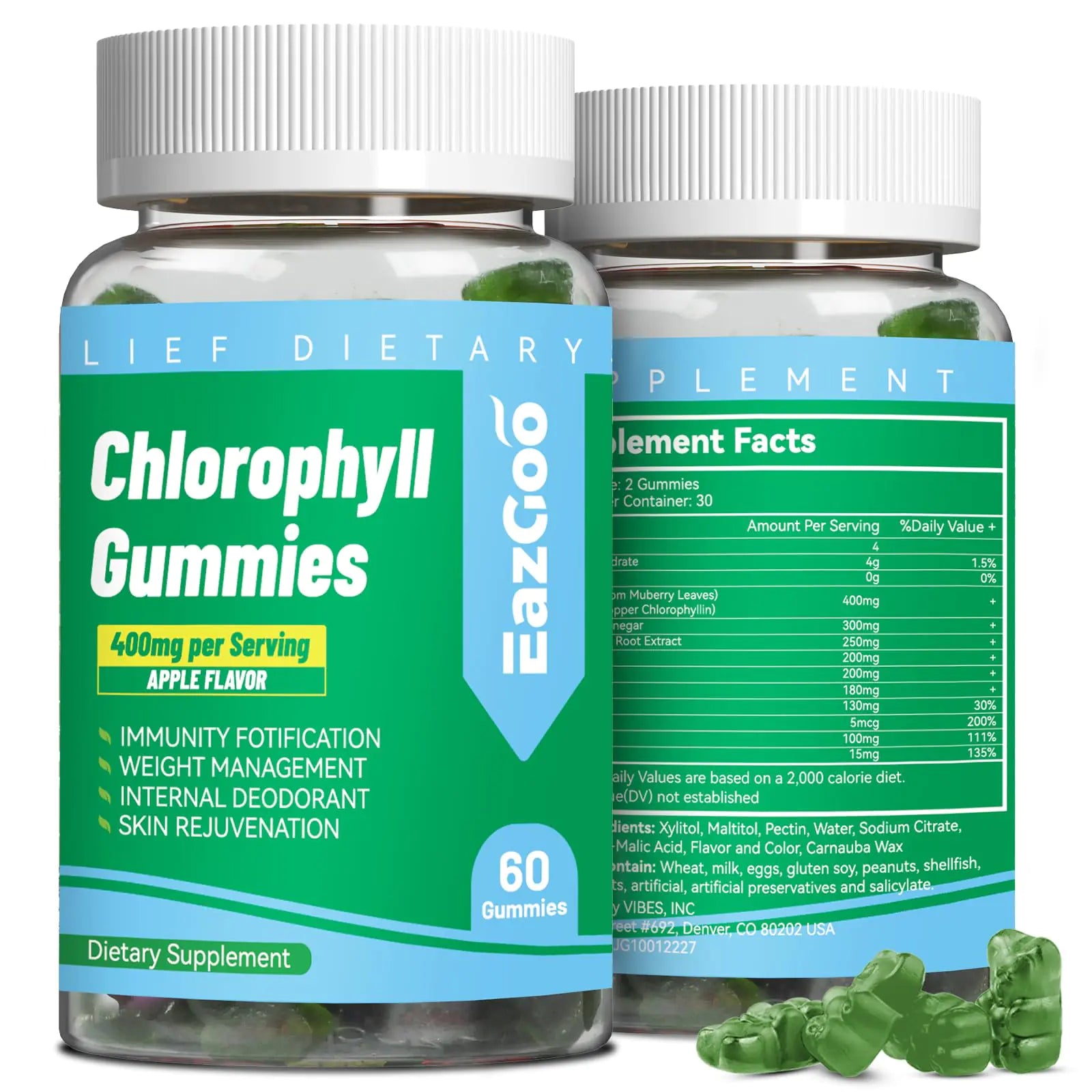Sugar Free Chlorophyll Gummies Apple Cider Vinegar Vitamin B12 - Natural Deodorant*Supports Healthy Skin & Body Detox* Immune & Digestion Support Chewable Supplement - 60 Count - Premium Supplements