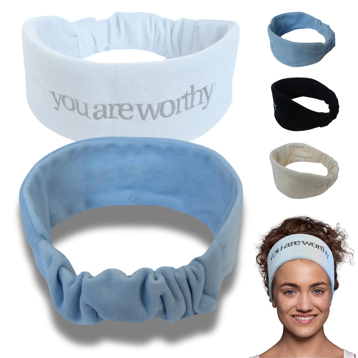 REMINDR Self - Care Spa Headband for Women - Mirror - Readable Affirmations: You Are Worthy - Confidence - Boosting Hairband for Face Washing Skincare Masks and Beauty Routines - Baby Blue - Premium Supplements